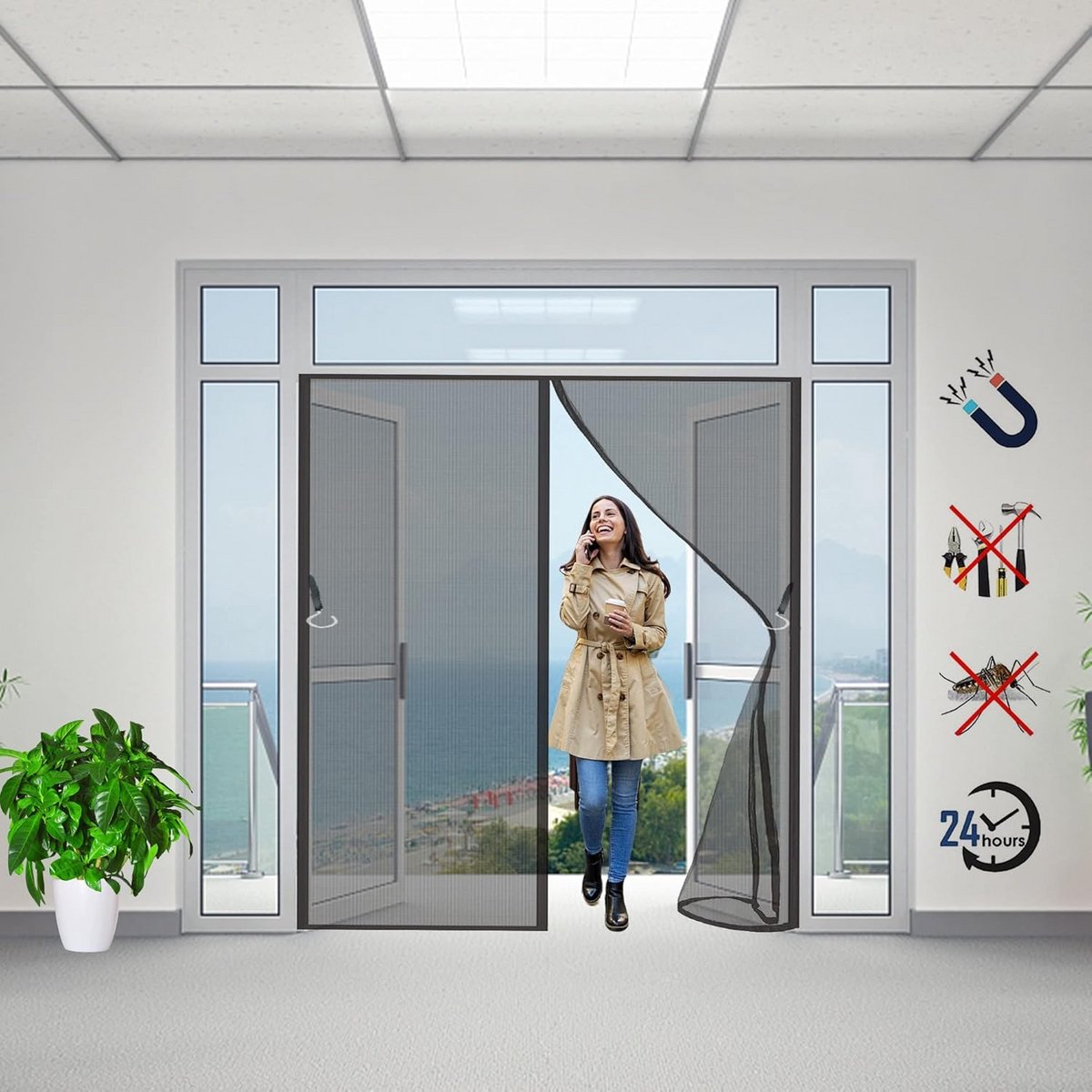 Horren voor deuren 135x265cm Zwart Magnetische Hor Snelle Sluiting voor Alle Deuren
