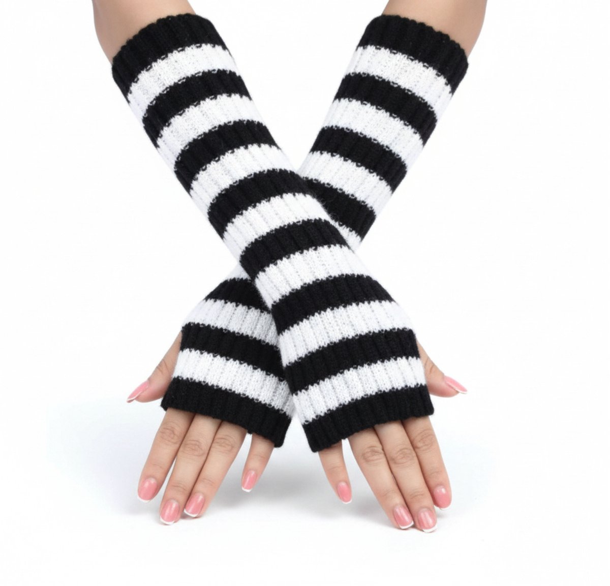Enluxe Kabelgebreide Armwarmers met Halfvinger voor Dames – Wit / Zwart Gestreept – Winter Warm – One Size