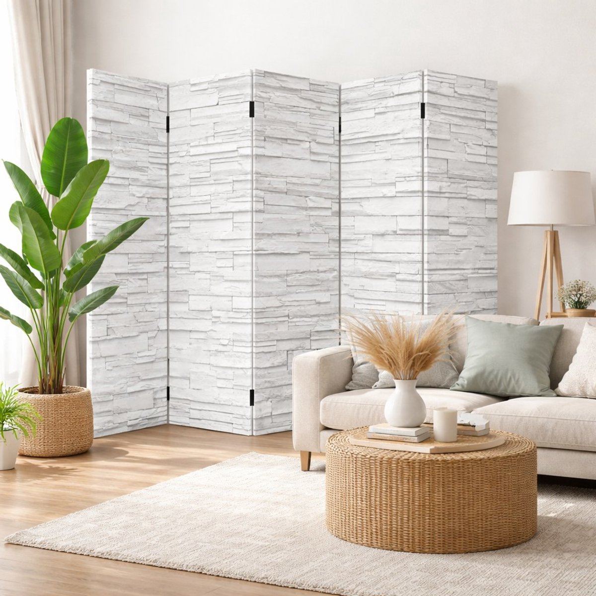 Kamerscherm Canvas Met Wit Stenen Muur Print – 5 Panelen – 200×180 cm – Dubbelzijdig Bedrukt – Room Divider – Privacy Scherm – Woonkamer & Kantoor