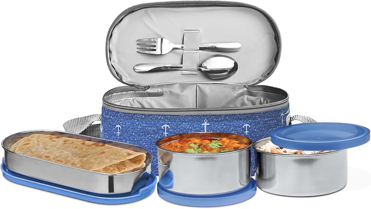 Geïsoleerde Lunchbox Set met 3 Roestvrijstalen Bakjes en Bestek