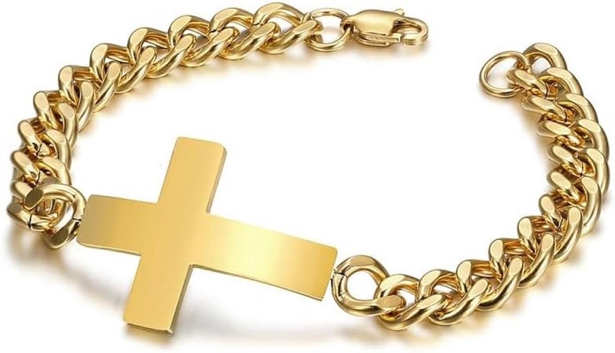 Ketting Armband met Opvallend Kruis - Roestvrij Staal Verguld voor Heren en Dames