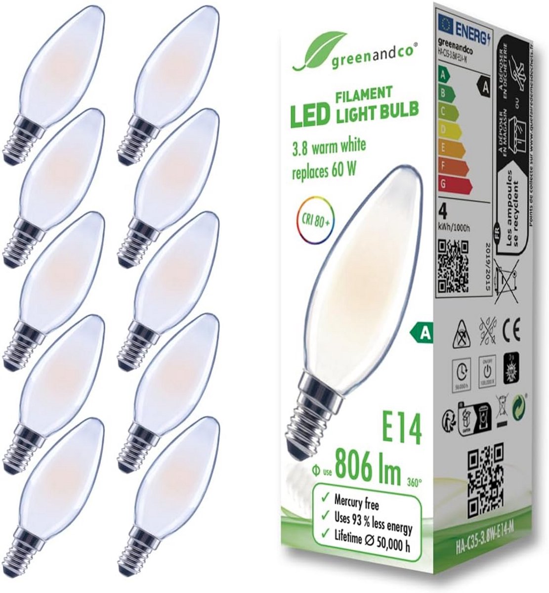 10x E14 LED Filament Lampen C35 Mat - 3.8W Vervangt 60W - 806 Lumen Warm Wit Licht