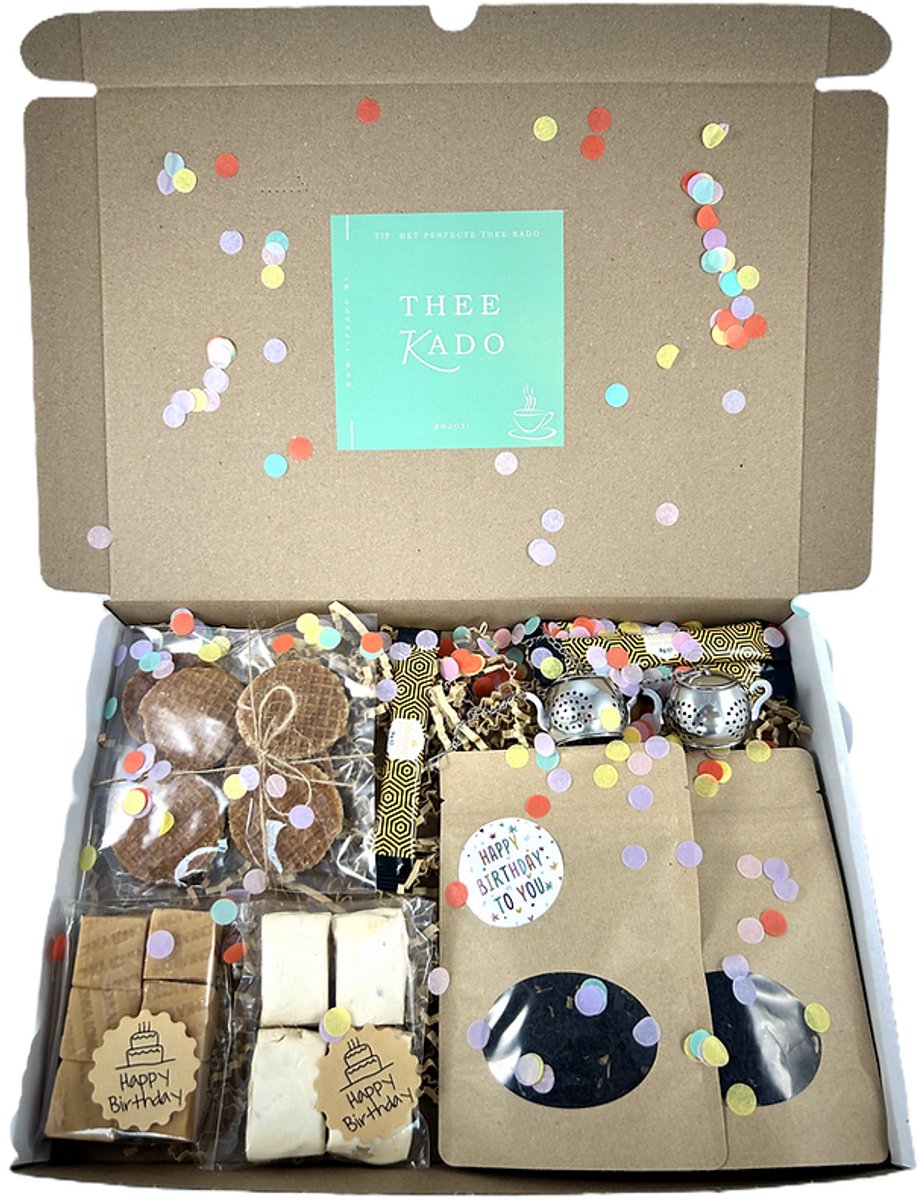 Birthday XL Thee brievenbus cadeau - verjaardag - thee - honing - noga - fudge - stroopwafels