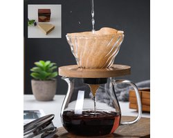 Handmatige Koffiezetter Set Glas Dripper met Filter en Houten Dienblad 450ml