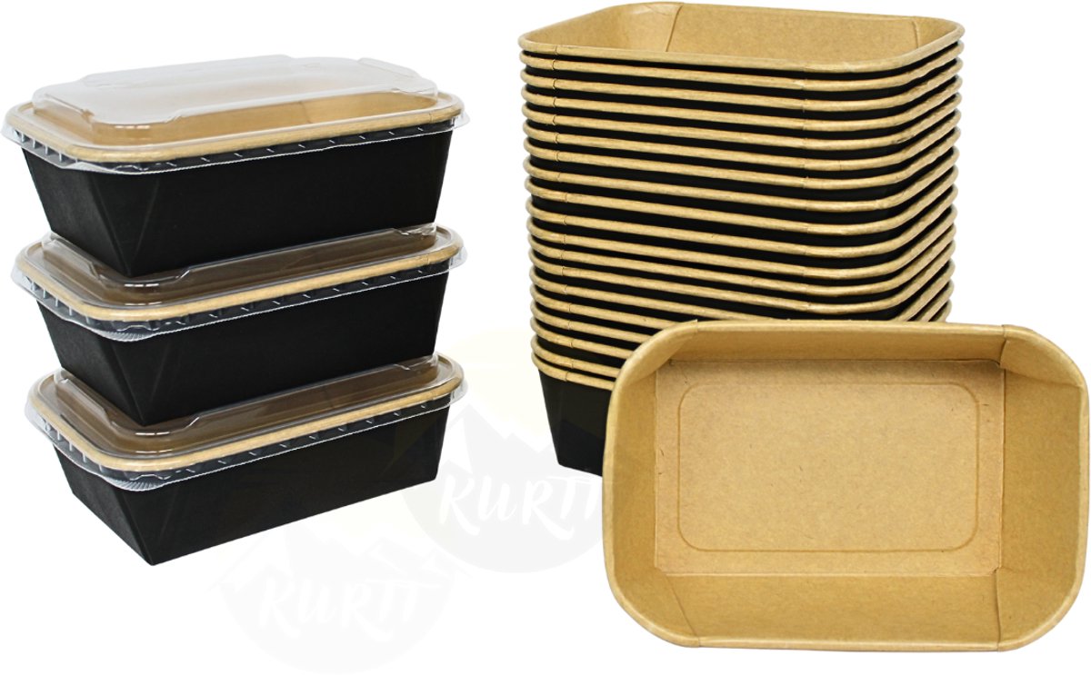 KURTT - meal prep bakjes met deksel kraft 650ml (50 stuks) magnetronbakjes met deksel kraft, vershoudbakjes luchtdicht, kartonnen saladebakjes