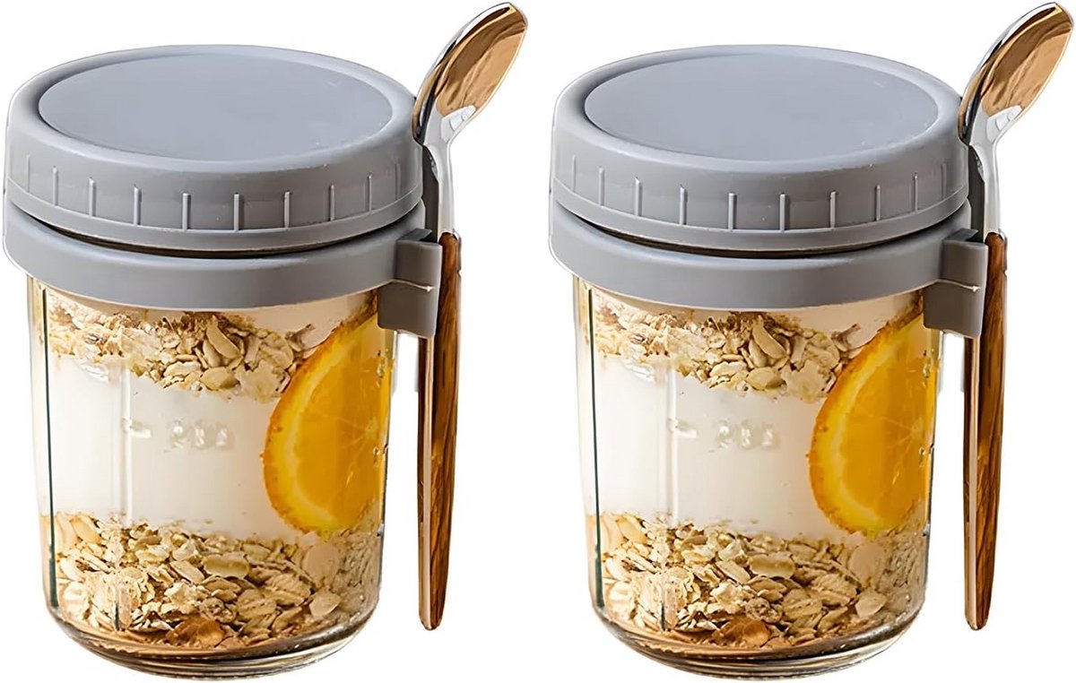 Set van 2 Luxe Luchtdichte Potten voor Overnight Oats met Lepel en Maatstrepen