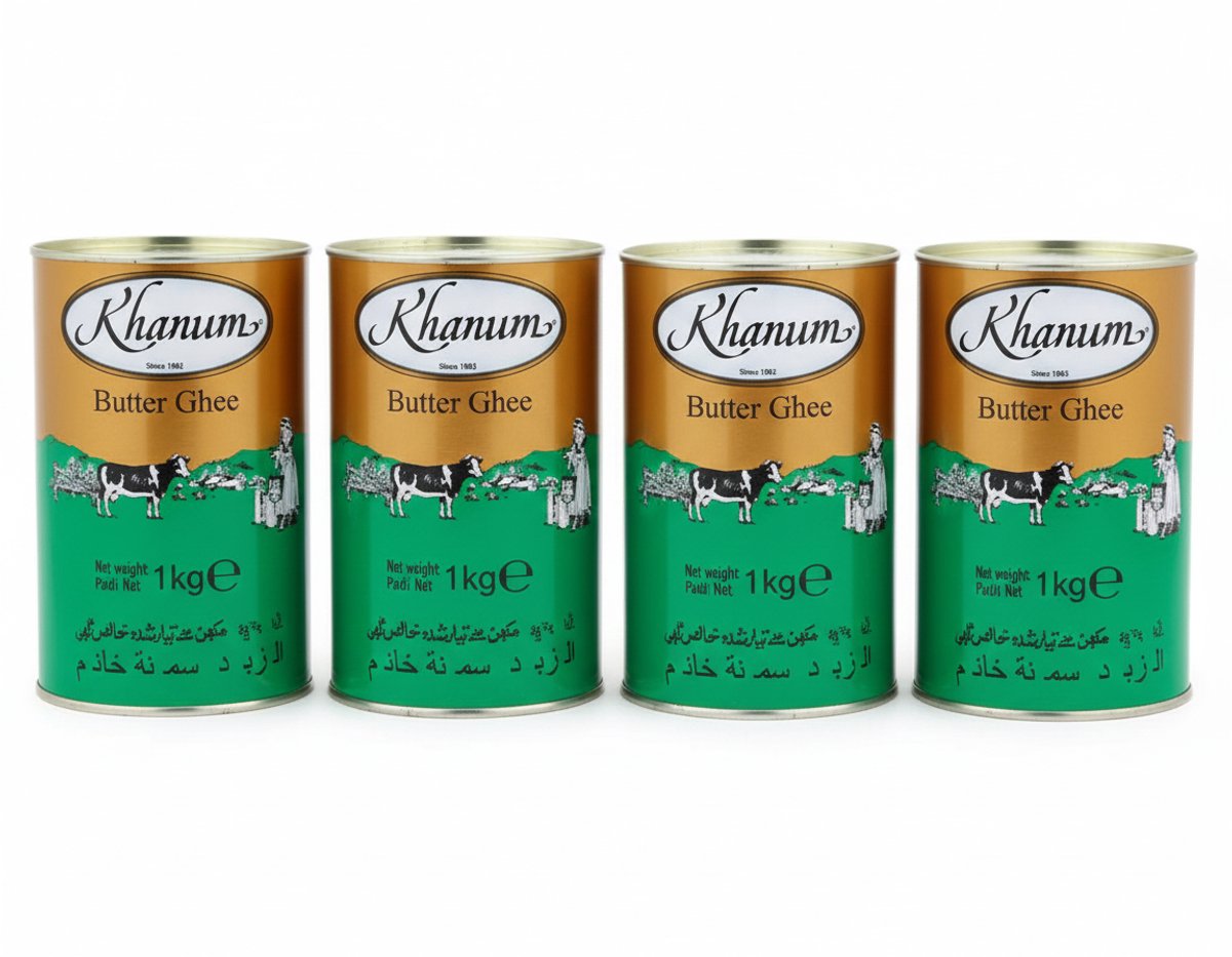 Khanum Pure Boter Ghee - Set van 4 x 1 kg - Hoogwaardig Vet voor Roosteren en Bakken - Geklaarde Boter in Blik - Voordeelverpakking 4kg met Kajal Sticker