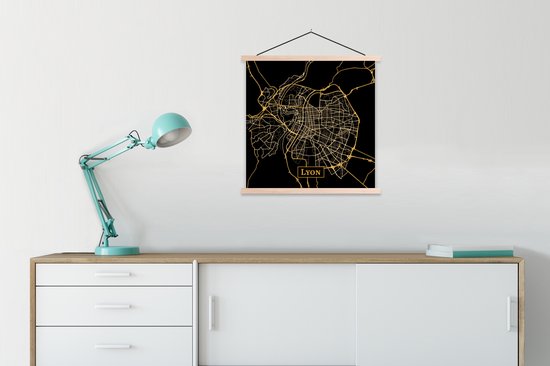 Porte-affiche avec affiche - Affiche scolaire - Carte - Lyon - Or - Zwart - 60x60 cm - Lattes vierges