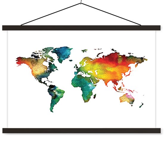 Affiche scolaire - Wereldkaart - Aquarelle - Vert - 150x100 cm - Lattes noires