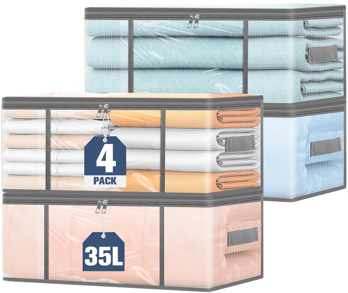 Unyqoos® Set van 4 transparante opbergtassen met rits voor kleding en linnengoed
