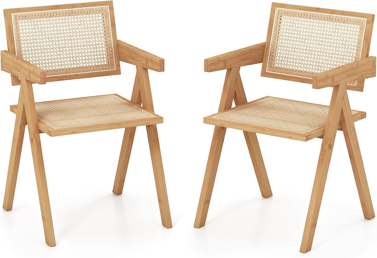 COSTWAY Set van 2 eetkamerstoelen, keukenstoelen van bamboe en gesimuleerd rotan, accentstoelen met rugleuning en armleuningen, rotanstoel voor keuken, woonkamer, eetkamer, 50 x 52 x 81 cm, naturel