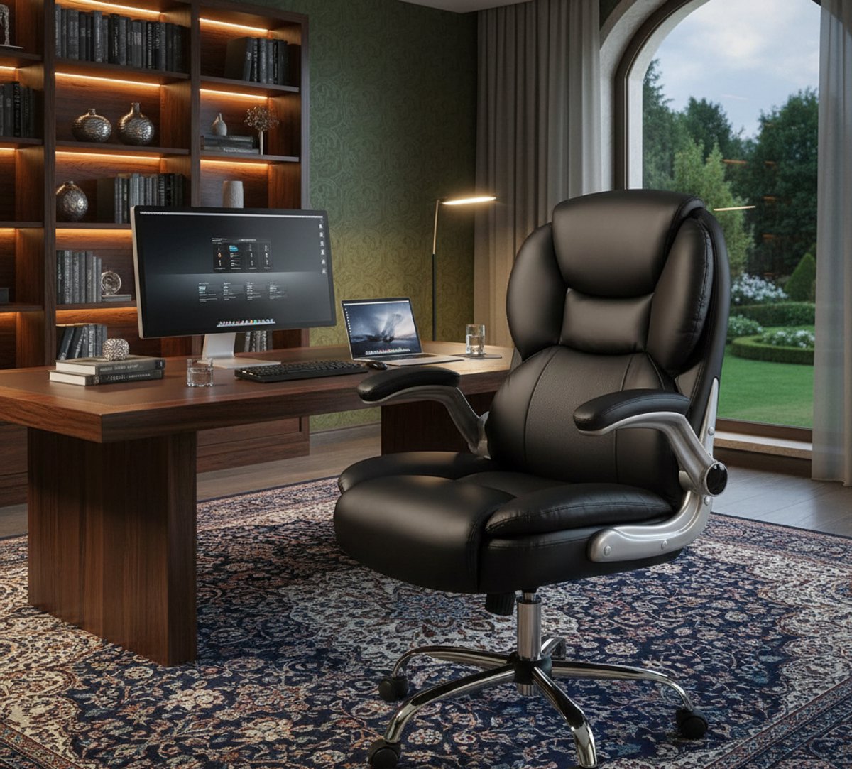 Bureaustoel Ergonomisch XXL 180KG – Directiestoel Met Inklapbare Armleuningen, Hoge Rugleuning, Extra Dik Zitkussen 14cm, Verstelbaar & Comfortabel – Zwart – House&Garden