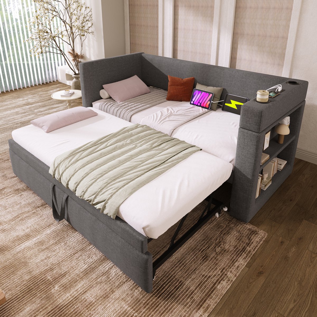 OKWISH Gestoffeerd Daybed 90x190cm – Bedbank Met Uittrekbed – Armleuningen Met 3 USB/Type-C – Katoen-Linnen – Grijs – Zonder Matras