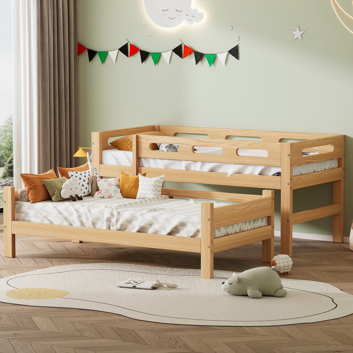 OKWISH Stapelbed 90x200 cm – Splitsbaar Tot Twee Eenpersoonsbedden – Scheidbaar & Eenvoudige Montage Voor Kinder- En Jeugdkamers – Grenen Hout; MDF – Lichtbruin – Zonder Matras Natuurlijk