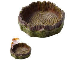 Voerbak voor reptielen - Waterbak voor reptielen - Watertrog - Decoratie voor dierenverblijf - Kunstmatige boomstronk - 7*7*2 cm - Geschikt voor kleine reptielen, baardagamen, gekko's, hagedissen, kikkers, schildpadden - Bruin