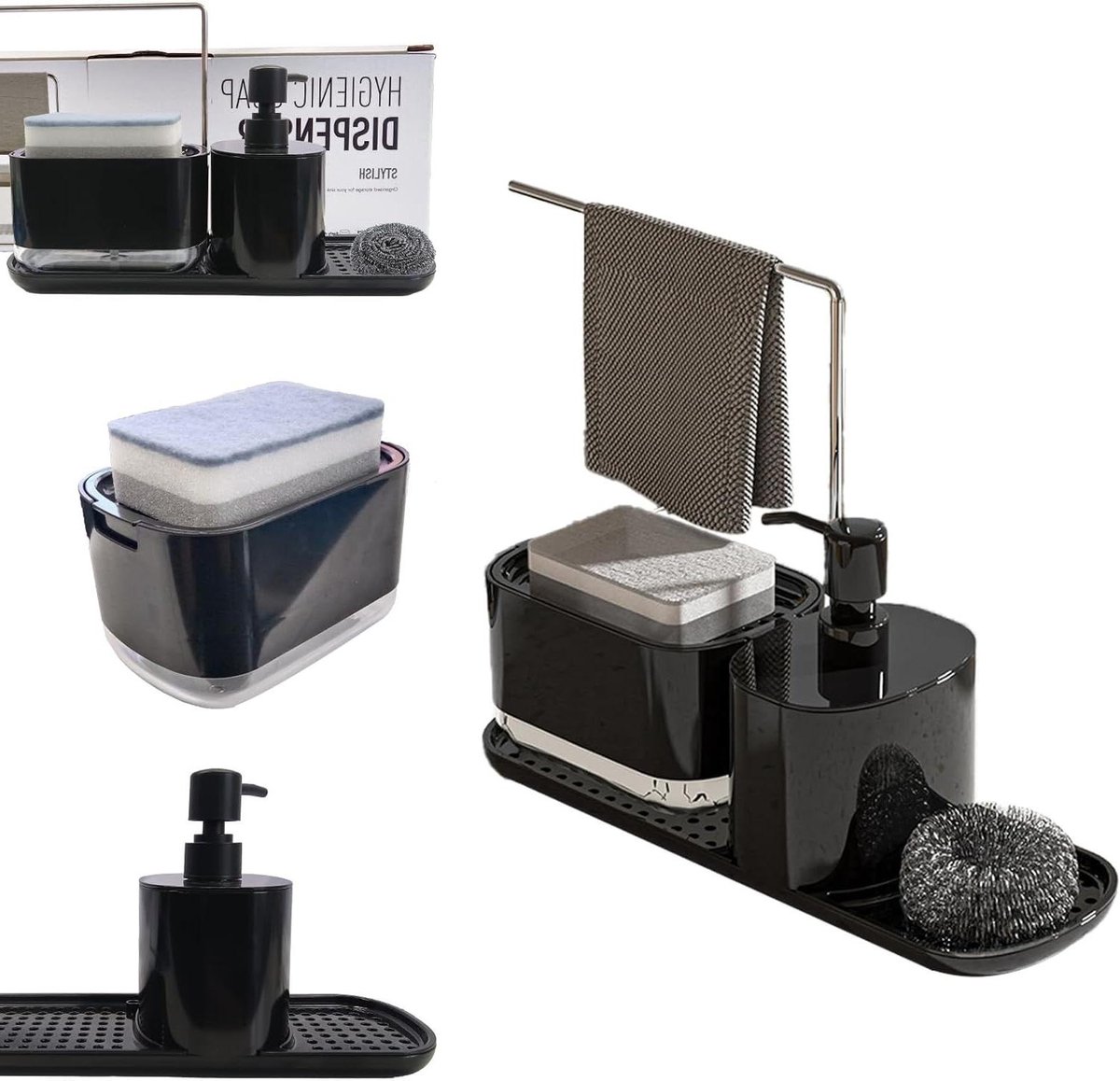 4-in-1 zeepdispenser en organizer voor wastafel met dienblad en handdoekhouder - zwart