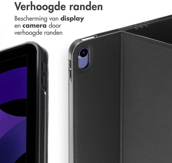 Close-up van de zwarte tablethoes met verhoogde randen ter bescherming van display en camera.