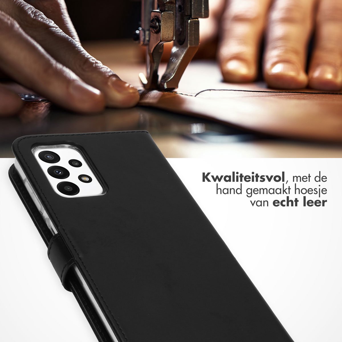 Selencia Hoesje - Geschikt voor Samsung Galaxy A23 (5G) - Echt Lederen Bookcase - Zwart