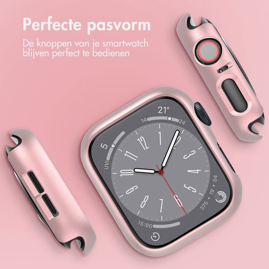 Rosegouden smartwatch case, de knoppen van de Apple Watch blijven perfect te bedienen.