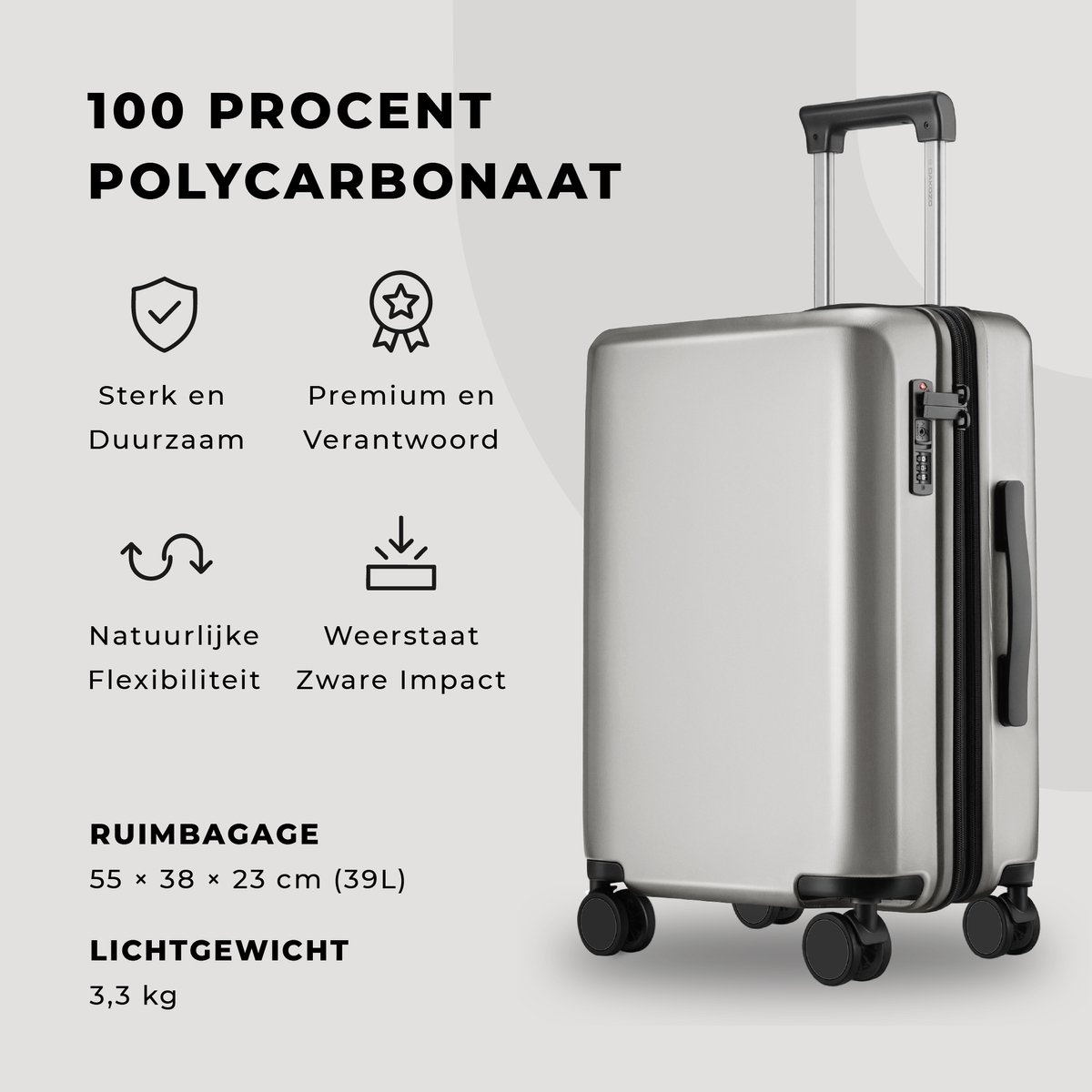 DAKOZO Handbagage Koffer 55x40x20 - Luxe Carry-On - Vergrootbare Reiskoffer - Veilig TSA cijferslot - Extra sterke YKK rits - Handbagage trolley - 100 procent Polycarbonaat - 39L - Zilver – foto 2