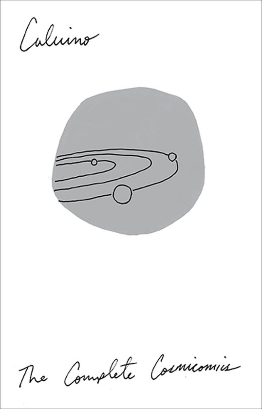 Livre 'The Complete Cosmicomics' avec un cercle gris illustrant des orbites planétaires et le texte 'Calvino'.