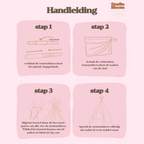 Studio Bloom Kinder Speeltent Tipi Tent Kinderen Meisjes Jongens Speelgoed Kindertent Kind Peuter Speelhuisje - Roze — afbeelding 4