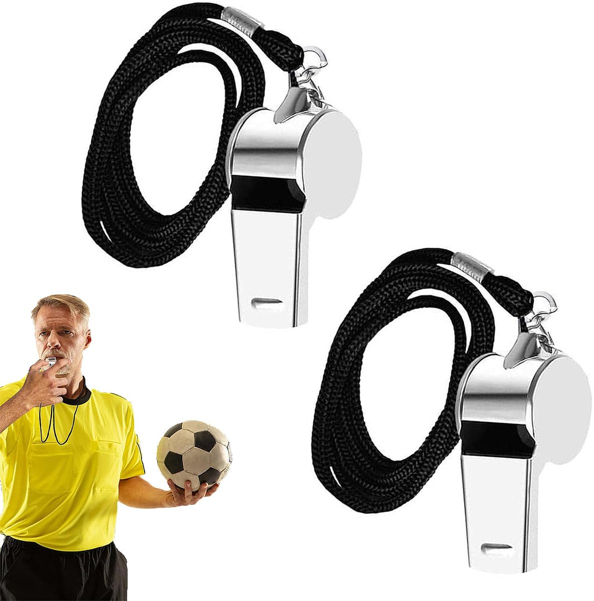 IMPERATORIS® Scheidsrechtersfluitje - Sport Fluitje - Met Koord - Voor Voetbal, Hockey en Training - Hard Geluid - Metalen - 2 Stuks - Zilver