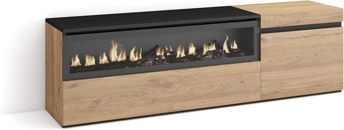 Modern TV-Meubel met Elektrische Sfeerhaard - Lowboard voor Televisies tot 65 Inch - Eiken en Zwart