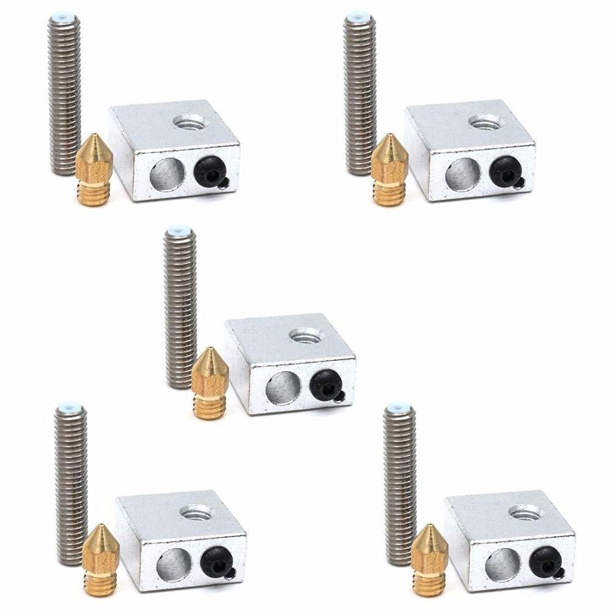 5-Delige Set MK7/MK8 Verwarmingsblokken, Halsen en 0.4mm Nozzles voor 3D Printer