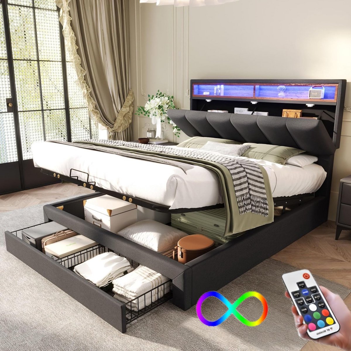Boxspring Bed 140x190 Grijs met Opbergruimte, Lattenbodem en LED Verlichting