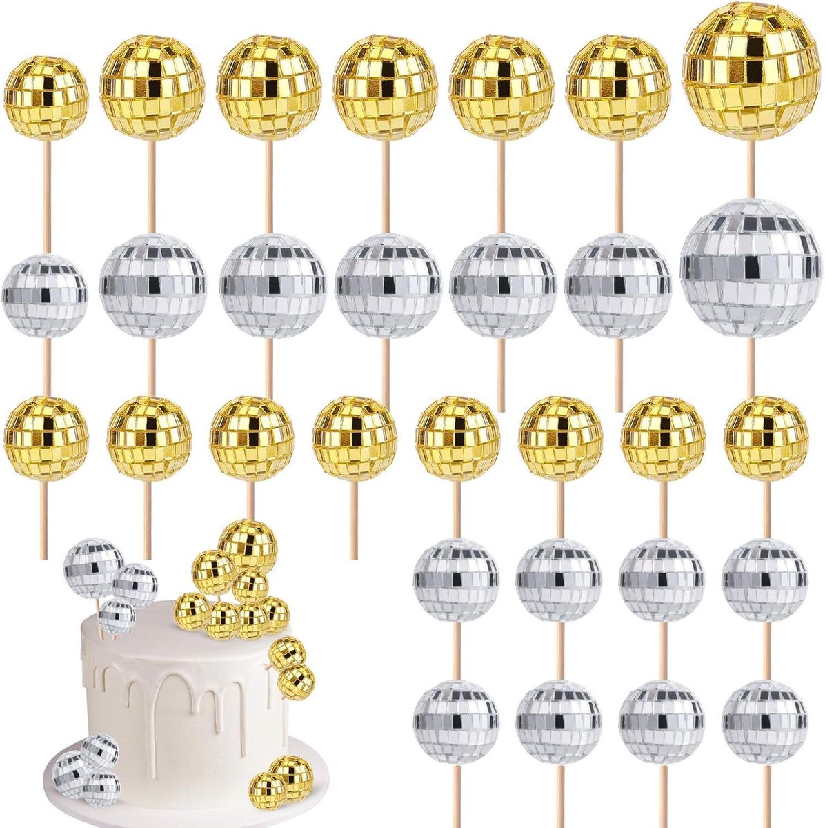 VVGoods - Set van 30 Discobal Cupcake Toppers voor Jaren 70 Disco Thema Feest met Zilver en Goud Ornamenten