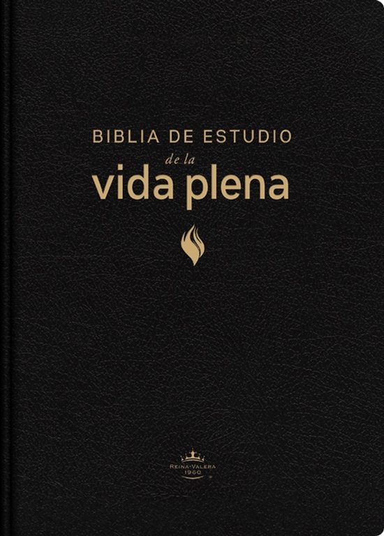 Bible noire "Biblia de Estudio de la Vida Plena" avec inscription dorée et logo flamme. "Reina-Valera 1960" en bas.