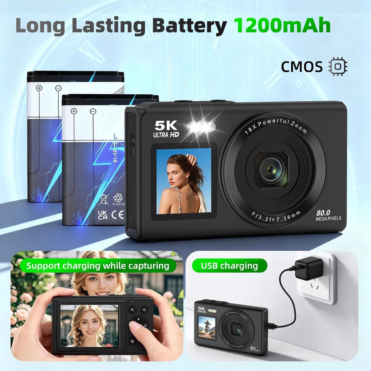 Allesto Camera - 5K Digitale camera - 80MP camera met dubbel scherm voor fotografie en vloggen, 18x zoom, autofocus, invullicht, compacte vlogcamera voor studenten, reizen, tieners en beginners, inclusief 64GB geheugenkaart fototoestel（zwart） thumbnail 4