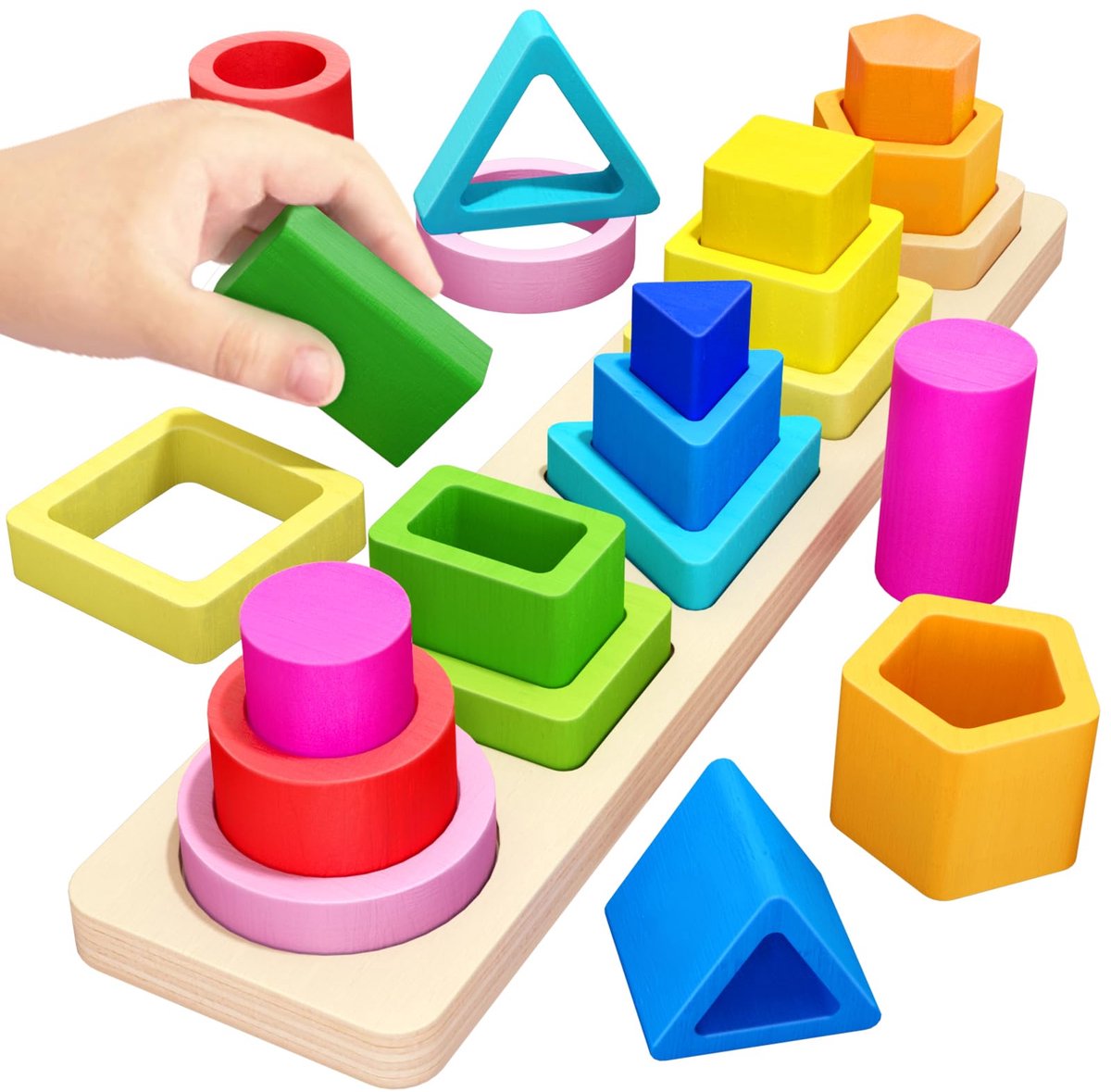 Montessori-speelgoed - Verhoogd houten stapelspeelgoed zonder pinnen - Vormsorteerder, leerzaam speelgoed voor baby's en kleuters - Diverse spelmogelijkheden voor jongens, meisjes en peuters.