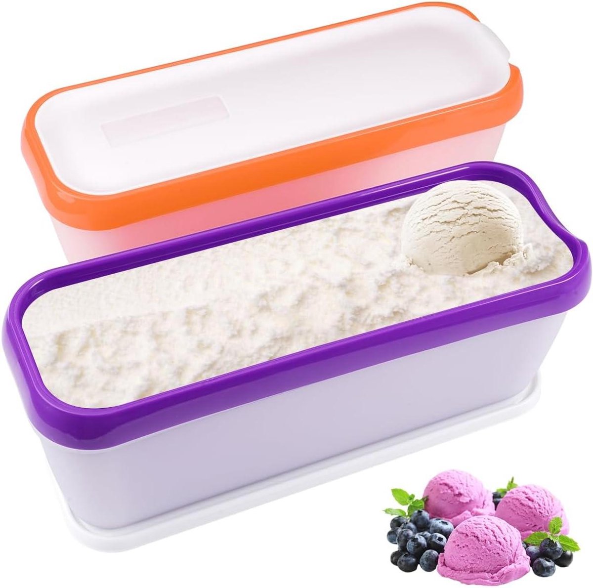 VVGoods - Set van 2 onbreekbare ijshouders met deksel - 1,5 liter - BPA-vrij - Antislip - Geschikt voor zelfgemaakt ijs, yoghurt, vruchtenijs en milkshakes - Oranje en paars