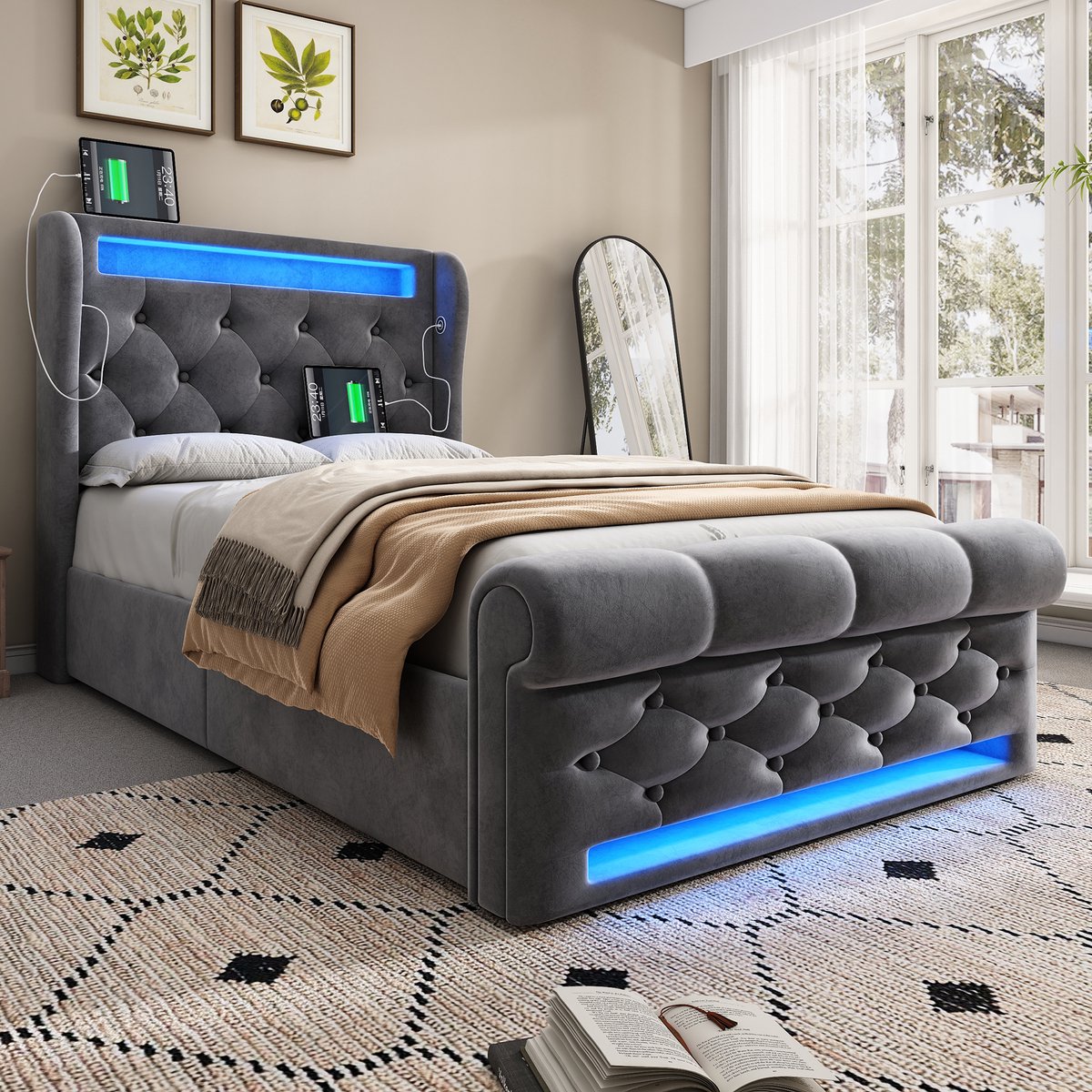 HAUSS SPOLE Gestoffeerd Bed 90x200cm - Hydraulisch Stauraumbed Met LED-Lichtstrip En Timer - USB + Type-C Oplaadstation - Fluweel - Grijs - Met matras