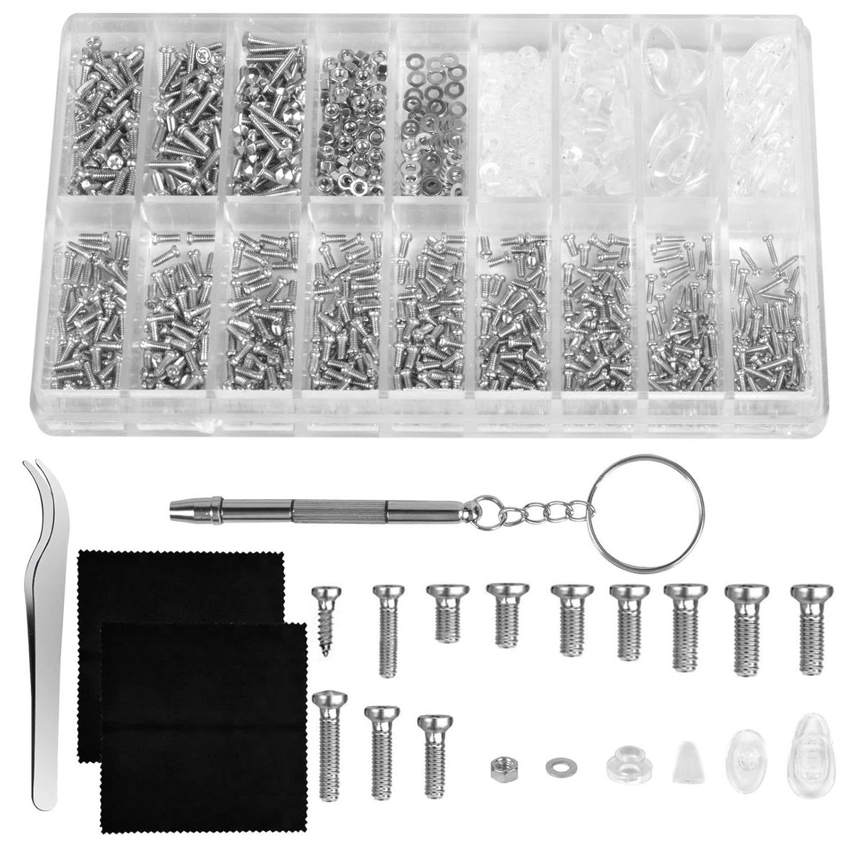 VVGoods - Mini schroeven set voor brillen en horloges - 1000 stuks, inclusief schroevendraaier en pincet - roestvrij staal
