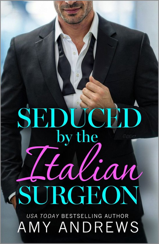 Man in zwart pak met strikje, 'Seduced by the Italian Surgeon' tekst.