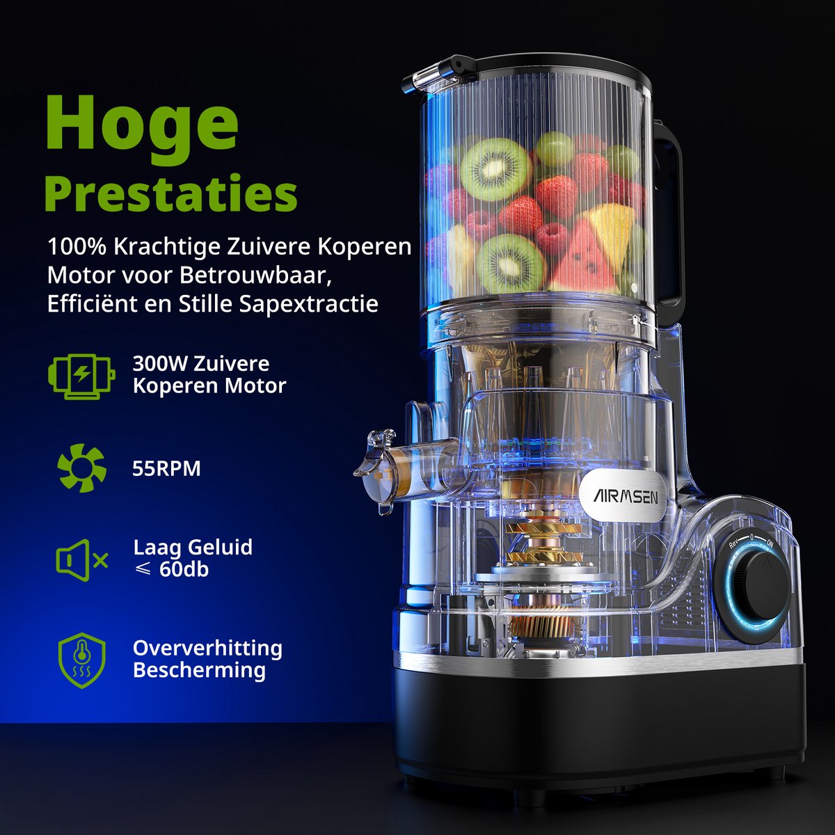 AIRMSEN Slowjuicer: Brede vulschacht, geen zeef, makkelijk schoon thumbnail 8