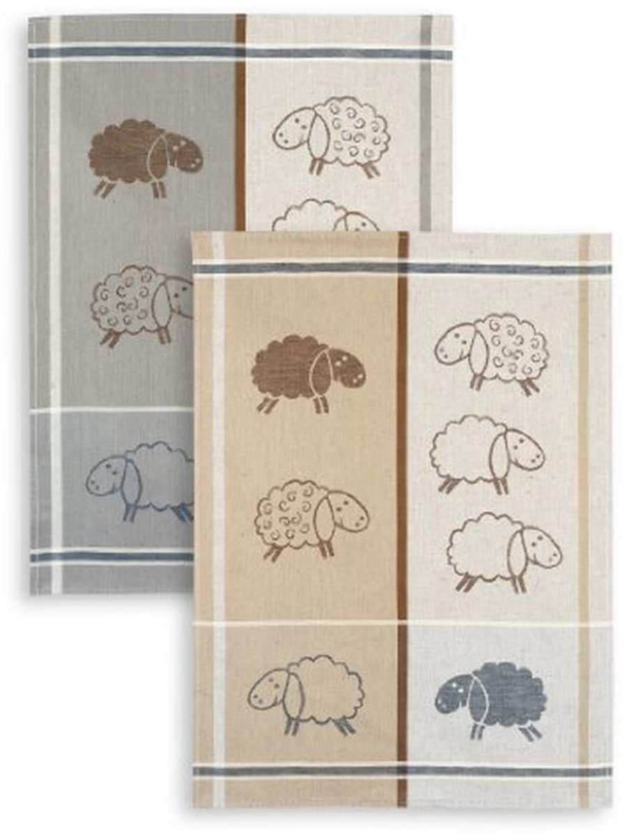 Jacquard theedoek set - Halflinnen met schapen in beige en grijs - 50x70cm