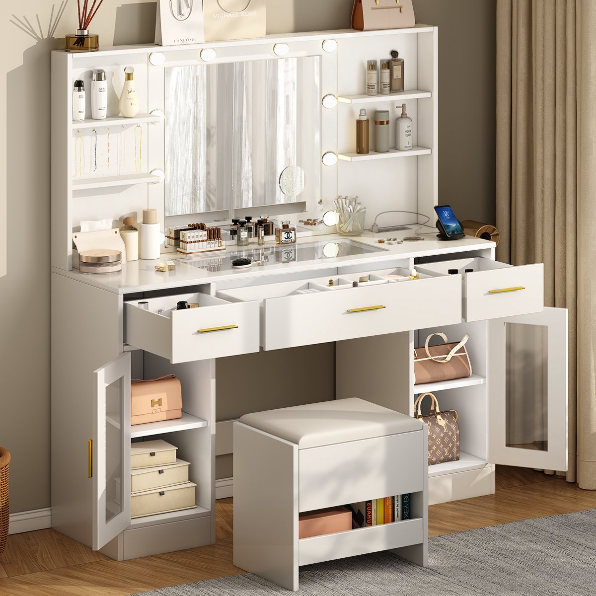 Kaptafel - Make Up Tafel - Inclusief Krukje - Met Groots Spiegel en 10 LED Lampen - Met Stopcontacten & USB-poorten - 3 Lichtkleuren - Transparant Tafelblad - 3 Lades en 2 Kasten met 4 Planken - 140H x 115B x 40D cm - Voor Slaapkamer Kleedkamer - Wit