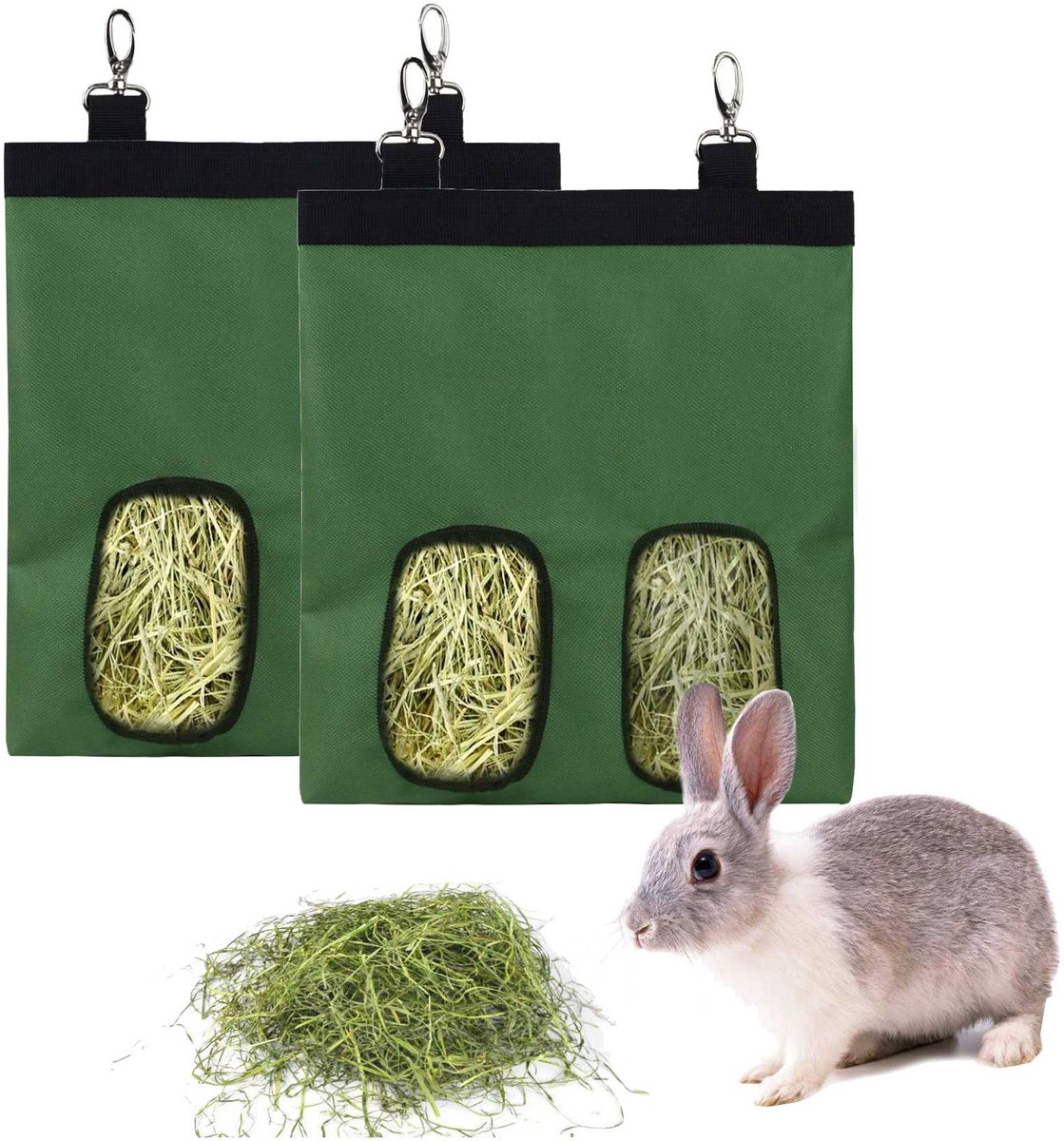 2 stuks Hooivoerzak - Hooivoerzak voor konijnen - Hooivoerzak voor cavia's - Voerzak voor kleine dieren - Hangende voerzak - Hooiopbergzak - Voeropbergzak voor kleine dieren - Geschikt voor konijnen, chinchilla's en hamsters - Groen
