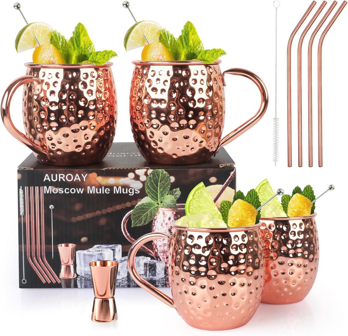 Set van 4 handgemaakte koperen Moscow Mule mokken met rietjes en accessoires