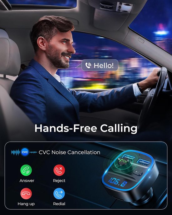 Transmetteur FM Bluetooth Pour Voiture - Double USB, écran LED, Mains Libres - Bluetooth 5.0 - 7