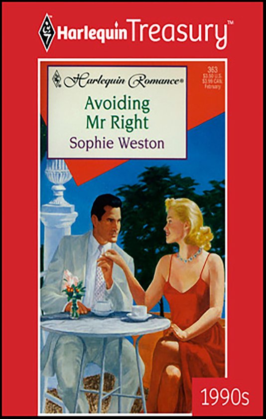 Boekomslag van 'Avoiding Mr Right' door Sophie Weston, met een stel bij een tafel, 1990s.