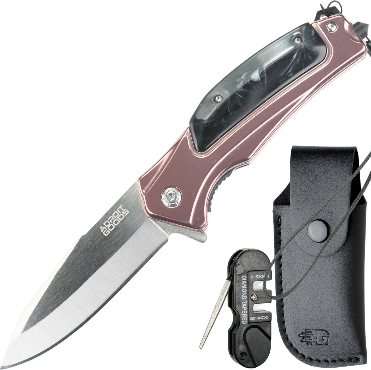 AdrioitGoods RVS zakmes met aluminium-resin handgreep – incl. hoes en slijptool - Hoogwaardig staal voor maximale controle en betrouwbaarheid - Premium opvouwbaar outdoor mes