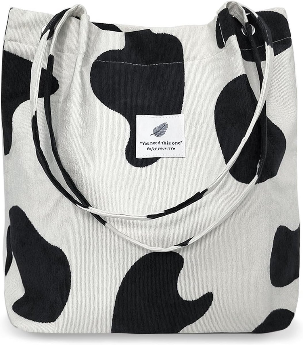 Grote Corduroy Tote Bag Dames met Koeienprint - Stijlvolle Schoudertas en Shopper
