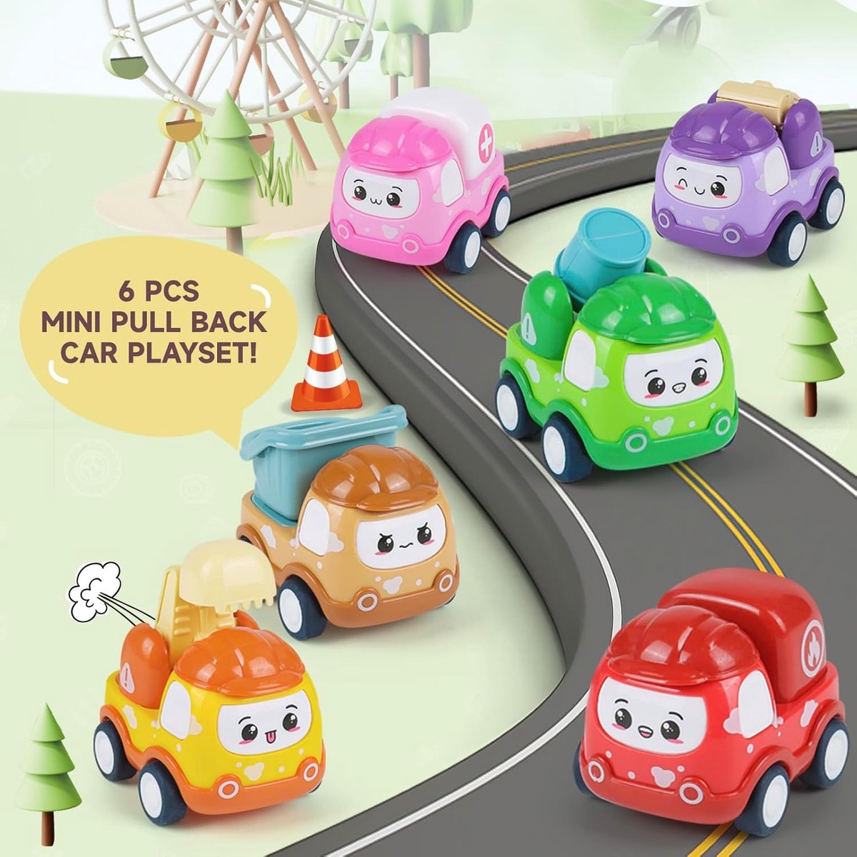 Kraftverdia - Mini Speelgoed auto - Babyspeelgoed - Speelgoedauto set 6stuks - Vanaf 1 jaar jongens en meisjes - voertuigenset voor peuters 12-18-24maanden - Terugtrek-auto speelgoed — afbeelding 6