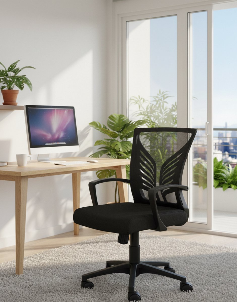 Bureaustoel Ergonomisch – Mesh Rugleuning, Verstelbare Zithoogte, Kantelfunctie, Butterfly Lendensteun, Ademende Rug, Comfortabel & Stil – Zwart – House&Garden
