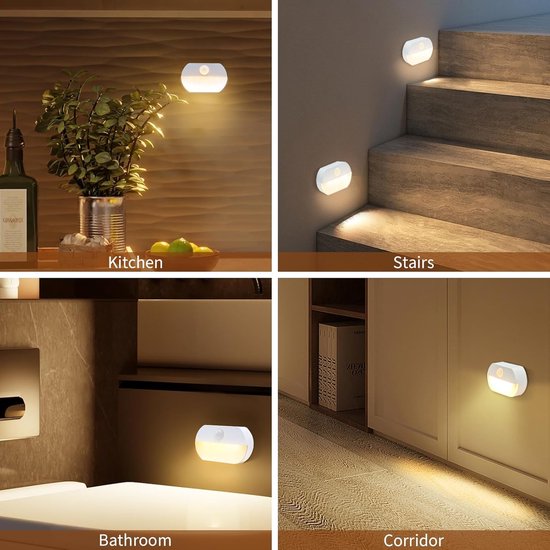 4 Stuks Nachtlampje met bewegingssensor - 2 witte +2 warm witte LED-bewegings nachtlampjes - Kastverlichting - traplicht - batterijsensorlamp - automatisch aan/uit - Draadloos op Batterij - voor gangen, slaapkamer, kinderkamer, directioneel van Merkloos — afbeelding 3